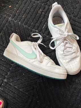 Nike Women's White Sneakers with Mint Swoosh and Teal Outsole